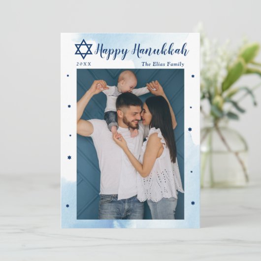 クラシックブルーウォーターカラーハッピーハヌカー写真 シーズンカード (スタンド正面)