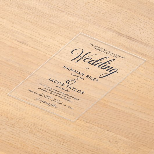 クラシックブルーエレガントな結婚式 アクリル招待状 (レイダウン)