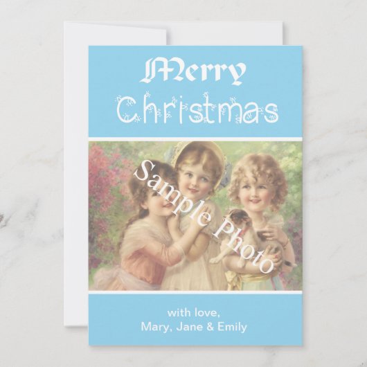 クラシックブルーエレガントメリークリスマスフォトカード シーズンカード (正面)