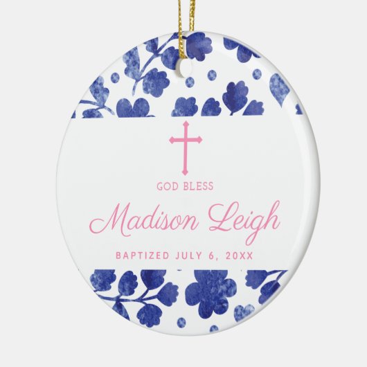 クラシックブルーガールパーソナライズされたバプテスマ セラミックオーナメント (左)