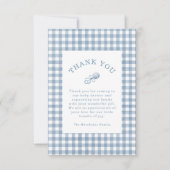 クラシックブルーギンガムラトルボーイ赤ちゃんシャワー サンキューカード (正面)