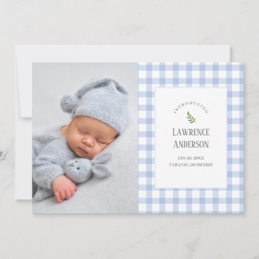 クラシックブルーギンガム男の赤ちゃん2フォト誕生 案内状 (正面)