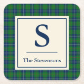 クラシックブルーグリーンタータンチェックプライドパーソナライズされた スクエアペーパーコースター (正面)