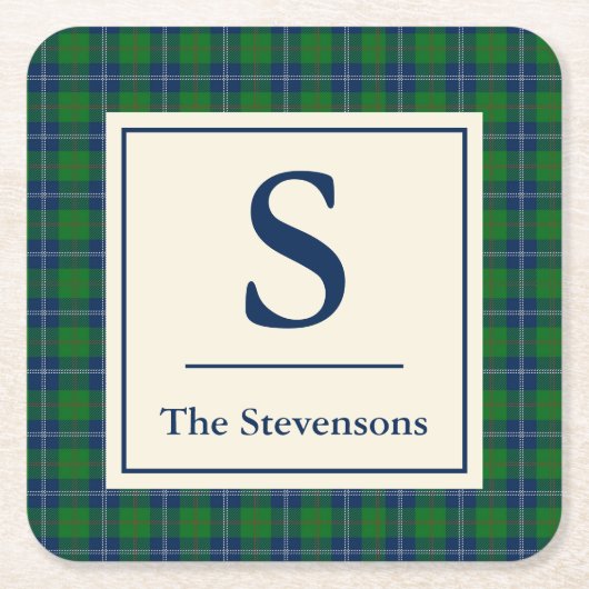 クラシックブルーグリーンタータンチェックプライドパーソナライズされた スクエアペーパーコースター (正面)