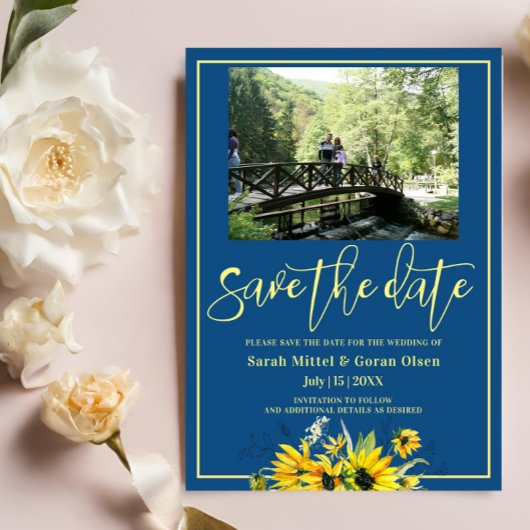 クラシックブルーサンフラワー日付を保存招待状 招待状