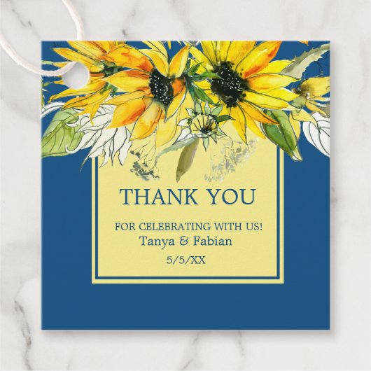 クラシックブルーサンフラワー結婚式の引き出物ラベル フェイバータグ (正面)