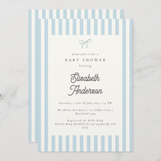 クラシックブルーストライプヴィンテージベビーシャワー招待状 招待状 (正面/裏面)