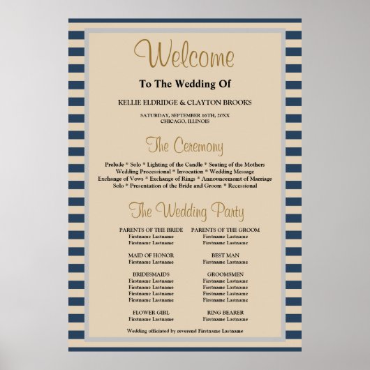 クラシックブルーストライプ結婚式 プログラム ポスター (正面)