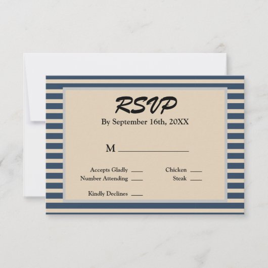 クラシックブルーストライプ額縁結婚式RSVPカード 出欠カード (正面)