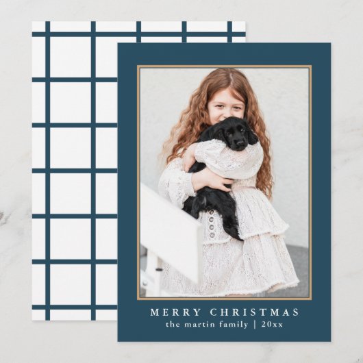 クラシックブルーチェックパターンメリークリスマスフォト シーズンカード (正面/裏面)