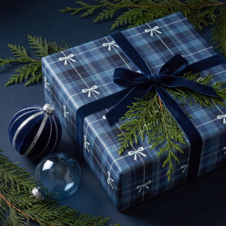 クラシックブルーネイビーボウ シッククリスマス タータンチェック ラッピングペーパー