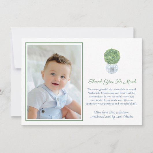 クラシックブルーハンターグリーンギリシャ鍵ファミリーフォト サンキューカード