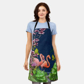 クラシックブルーピンクフラミンゴスグリーン葉 エプロン (着用した状態)