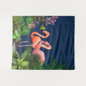 クラシックブルーピンクフラミンゴスグリーン葉 タペストリー (正面(横))