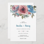 クラシックブルーピンクフローラエレガントな結婚式 招待状 (正面/裏面)