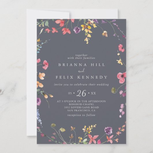 クラシックブルーフローラカジュアル結婚ズ 招待状 (正面)