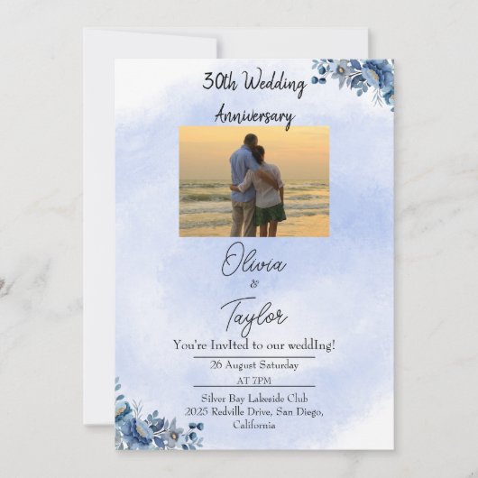 クラシックブルーフローラル 結婚記念日 招待状 (正面)