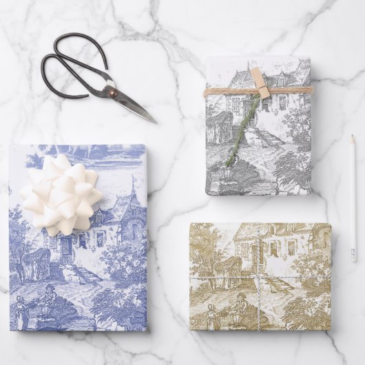 クラシックブルーベージュヴィンテージシャトーフランスのトワール ラッピングペーパーシート (正面)
