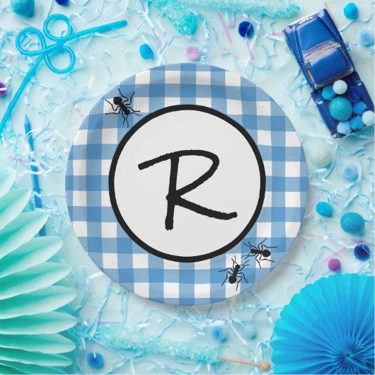 クラシックブルーホワイトギンガムアンツBBQピクニックパーティー ペーパープレート (パーティー)