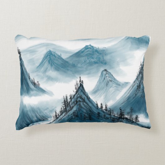 クラシックブルーホワイトチャイノアイズリー絵画ランドスケープ アクセントクッション (正面)