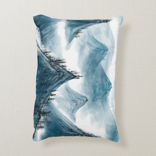 クラシックブルーホワイトチャイノアイズリー絵画ランドスケープ アクセントクッション (裏面(縦))