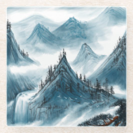 クラシックブルーホワイトチャイノアイズリー絵画ランドスケープ ガラスコースター