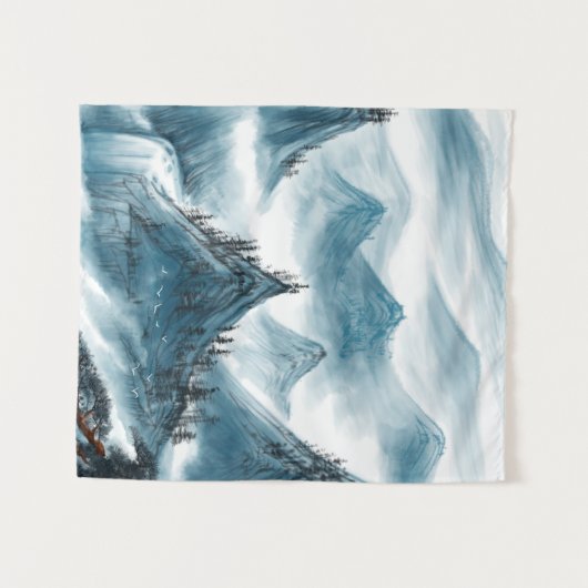 クラシックブルーホワイトチャイノアイズリー絵画ランドスケープ タペストリー (正面(横))