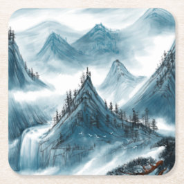 クラシックブルーホワイトチャイノアイセリーマウンテンランドスケープ スクエアペーパーコースター