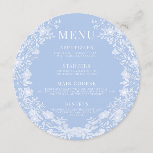 クラシックブルーホワイトフローラの結婚ラウンドフラットメニュー メニュー (正面)