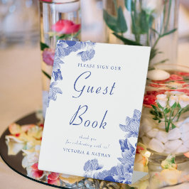 クラシックブルーホワイトフローラ結婚ズゲストブックシンボルや象徴 台座サイン