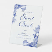 クラシックブルーホワイトフローラ結婚ズゲストブックシンボルや象徴 台座サイン (正面)