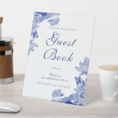 クラシックブルーホワイトフローラ結婚ズゲストブックシンボルや象徴 台座サイン (インサイチュ)