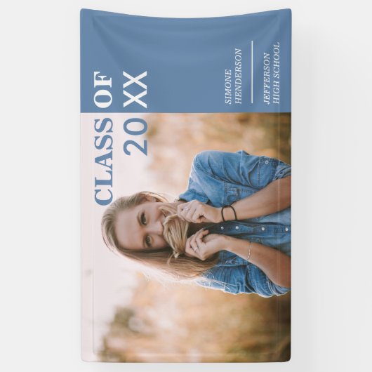 クラシックブルーホワイト卒業写真パーティー標識 横断幕 (縦)