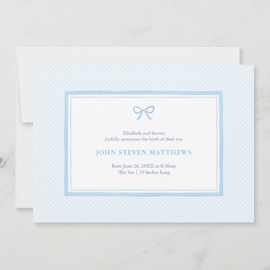 クラシックブルーリボンボウ男の赤ちゃん誕生フォトカード 案内状 (裏面)