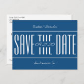 クラシックブルーレトロ救タイポグラフィ結婚の日付 案内ポストカード (正面/裏面)