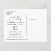 クラシックブルーレトロ救タイポグラフィ結婚の日付 案内ポストカード (裏面)