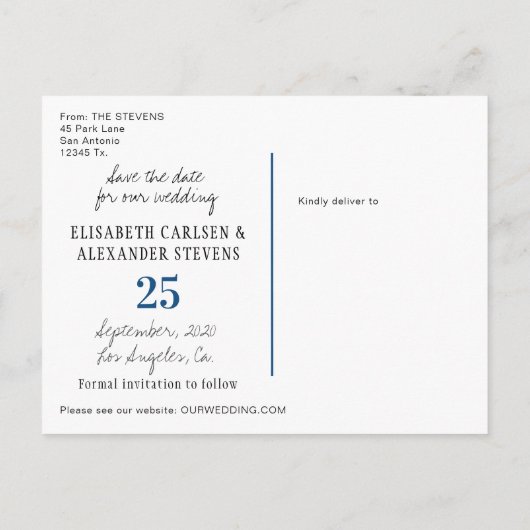 クラシックブルーレトロ救タイポグラフィ結婚の日付 案内ポストカード (裏面)