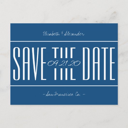 クラシックブルーレトロ救タイポグラフィ結婚の日付 案内ポストカード (正面)