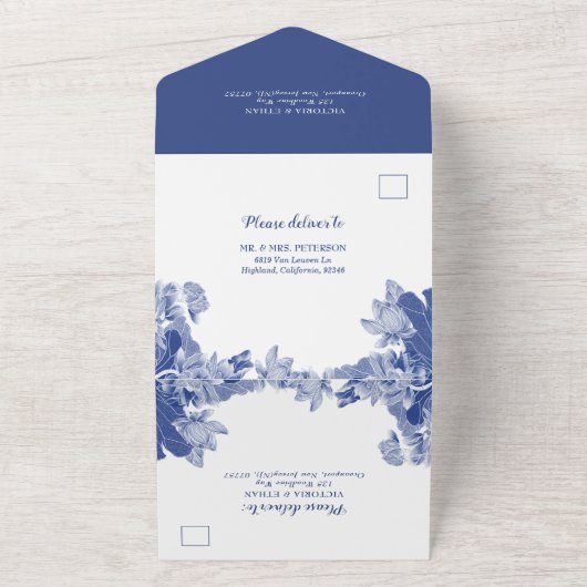 クラシックブルーロータスフローラチエレガントノイスリーシック オールインワン招待状 (外側)