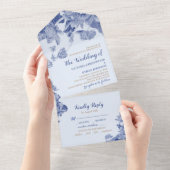 クラシックブルーロータスフローラチエレガントノイスリーシック オールインワン招待状 (貼ってはがせる)