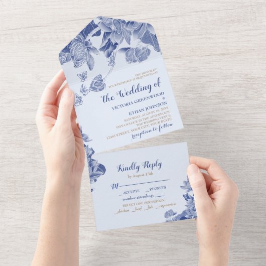 クラシックブルーロータスフローラチエレガントノイスリーシック オールインワン招待状 (貼ってはがせる)