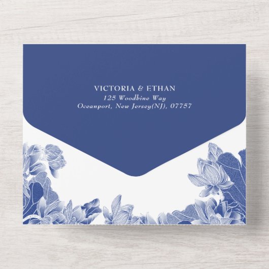 クラシックブルーロータスフローラチエレガントノイスリーシック オールインワン招待状 (裏面)