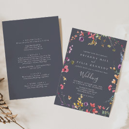 クラシックブルーワイルドフローラフロント&バック結婚ズ 招待状