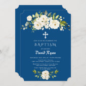 クラシックブルー少年洗礼 白い花 招待状 (正面/裏面)
