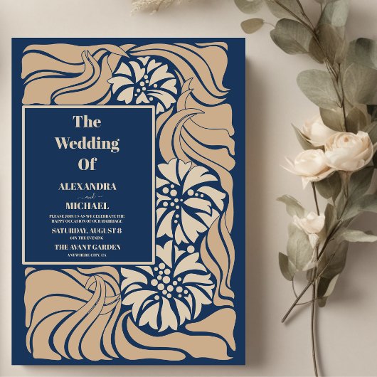 クラシックブルー結婚アールヌーボー 招待状