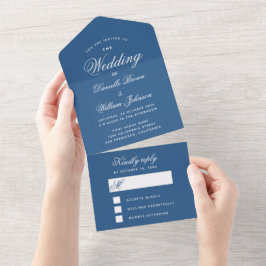 クラシックブルー結婚式招待状と取り外し可能RSVP オールインワン招待状