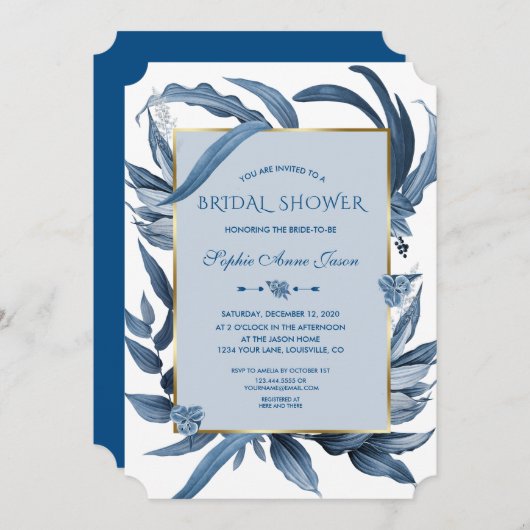 クラシックブルー葉金ゴールドモノグラムブライダルシャワー 招待状 (正面/裏面)
