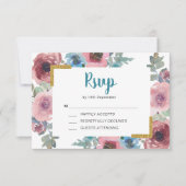 クラシックブルー&ピンクウォーターカラーフローラ結婚ズ 出欠カード (正面)