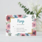 クラシックブルー&ピンクウォーターカラーフローラ結婚ズ 出欠カード (スタンド正面)