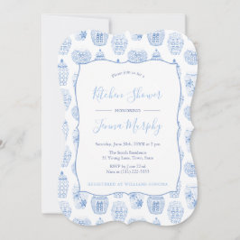 クラシックブルー&ホワイトキッチンブライダルシャワーパーティー 招待状